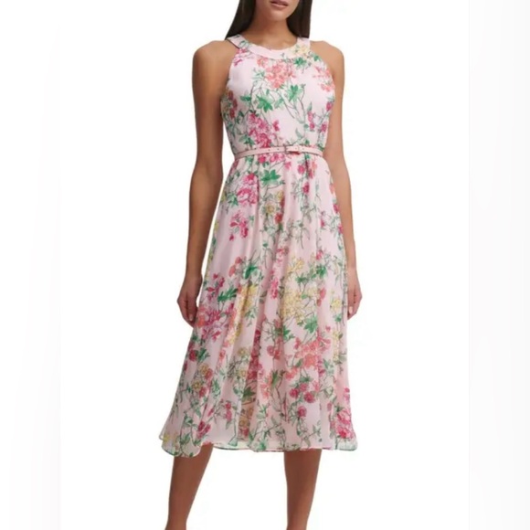 Tommy Hilfiger Halter Top light pink floral chiffon midi dress. - Picture 1 of 5